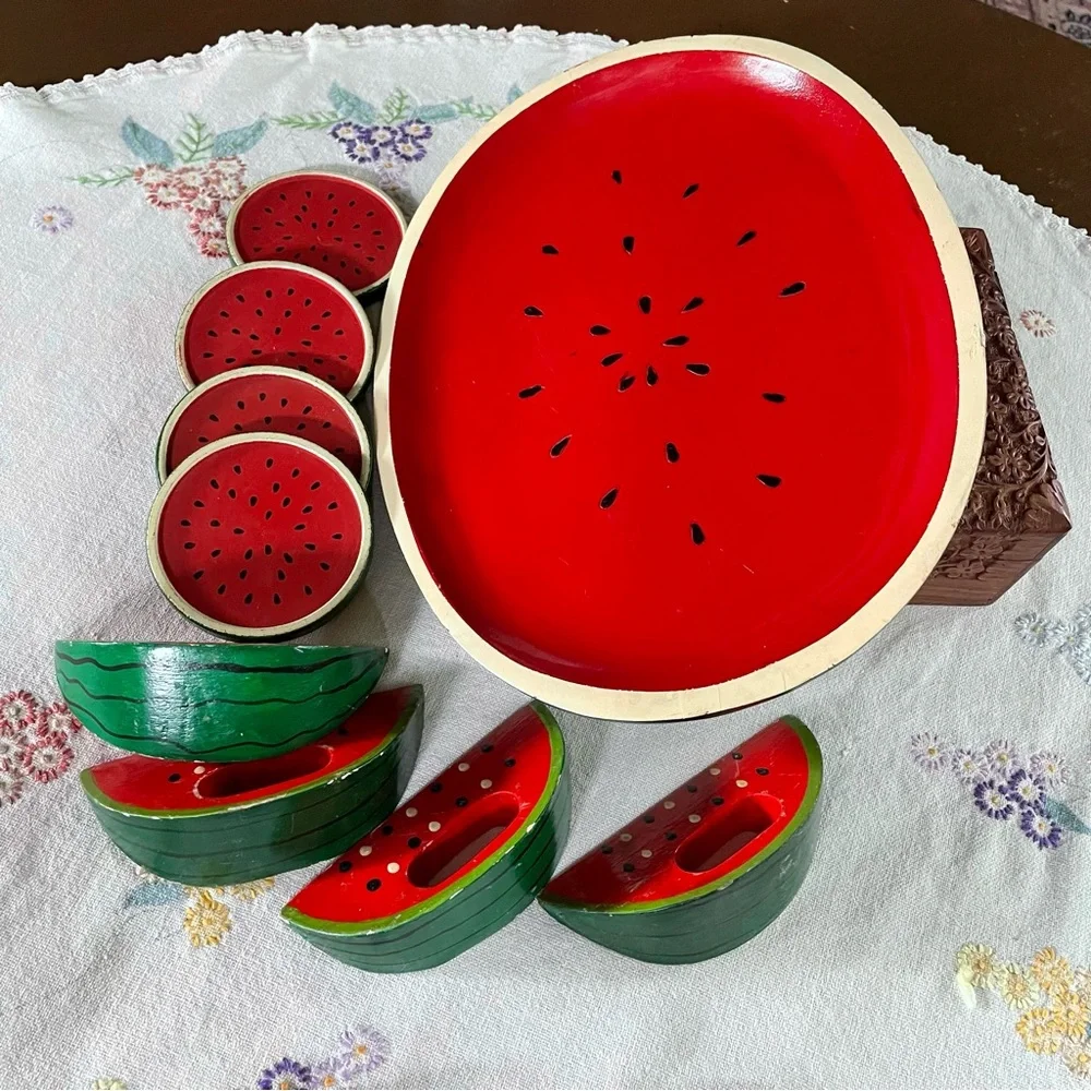 Vintage Wooden Watermelon Cocktail Tray Set. 4 Coasters & 4 Napkin Holders. 14